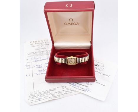 An Omega ladies wristwatch. The Omega wristwatch having a square case with stick indices, sword hands and signed Omega, Genev