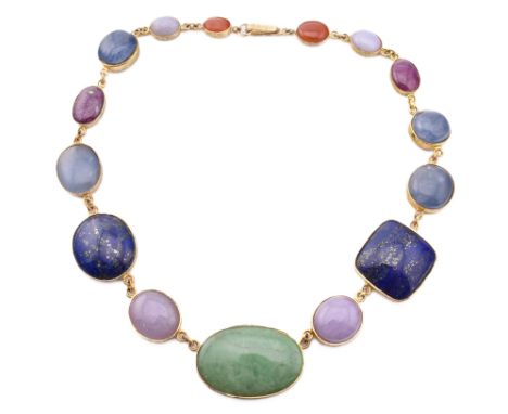 A 1970s gem set parcel gilt necklace. The necklace strung with graduating bezel set cabochons of jade, lavender jade, orange 