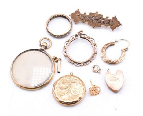 A collection of gold jewellery fragments AF and rolled gold jewellery. The lot to include a Victorian hallmarked 9ct gold bro