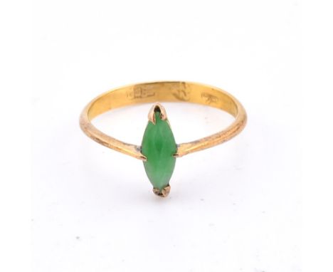 A Chinese 22ct gold and jade ring. The 22ct yellow gold ring set with a single fancy cut jade to polished shank. The ring hav