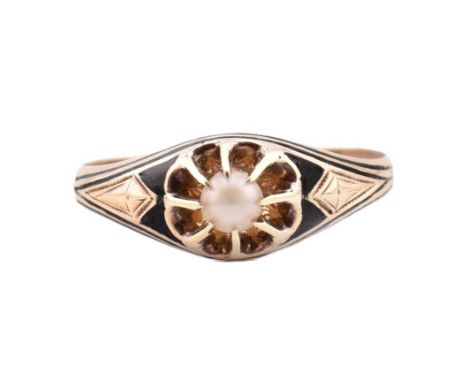 A 19th-century gold, pearl and enamel mourning ring. The antique mourning ring set with a single claw set pearl with black en