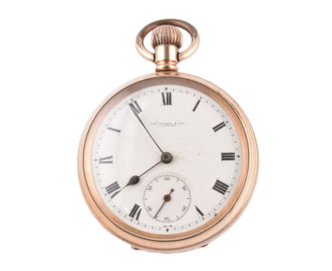 A gold plated Thomas Russell &amp; Son open face pocket watch. The watch having a signed white enamel dial with black Roman n