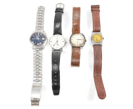 A collection of vintage watches. The four wristwatches to include Rotary, Seiko, Ingersoll and Federal. Straps to include sta
