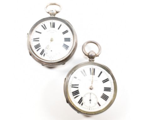 A Victorian and an Edwardian hallmarked silver open faced pocket watch by Harris Stone of Leeds. Both watches having Roman nu