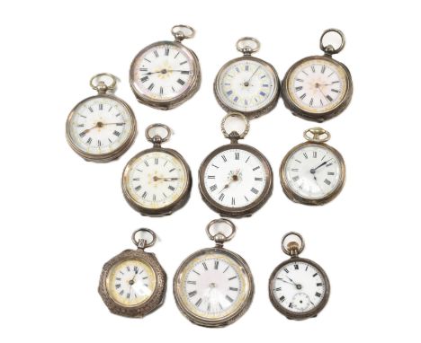 Nine assorted early 20th-century silver fob watches and a plated fob watch. The watches all with Roman numerals to the chapte