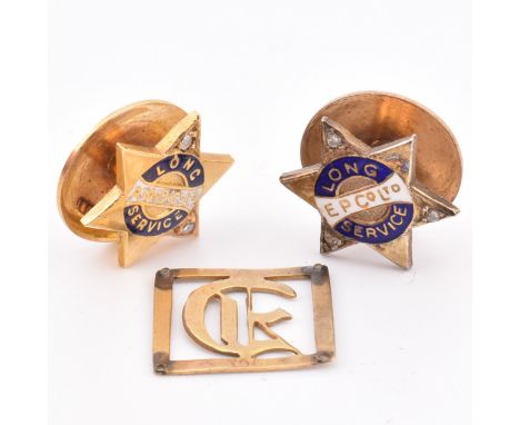 Two 9ct gold, diamond and enamel long service pins having inscription for A E Hurley June 1926, together with a 9ct gold 'G' 