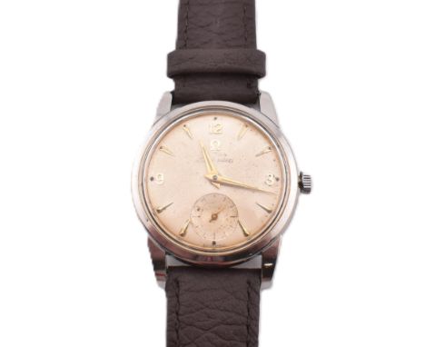 A 1950s Omega Seamaster wristwatch. The 17 jewel watch calibre 410 manual watch. The dial with Arabic and dagger markers, sub