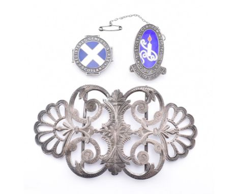 A Victorian hallmarked silver nurses belt and two Scottish silver nursing brooch pins. The lot to include a hallmarked silver