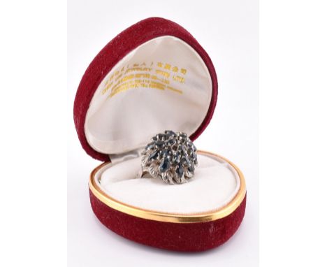 An 18ct white gold and sapphire cluster ring. The large cluster 23 graduating marquise cut sapphires with a round cut sapphir