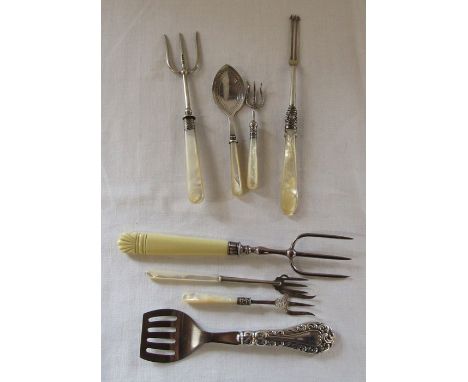 4 mother of pearl silver pickle forks &amp; a spoon total weight 3.32 ozt together with assorted silver plated forks and serv