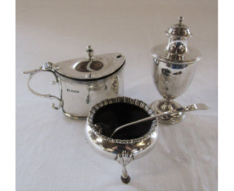 Victorian silver pepper pot London 1859 2.50 ozt, silver salt London 1891 2.00 ozt, spoon London 1835 0.29 ozt and mustard po