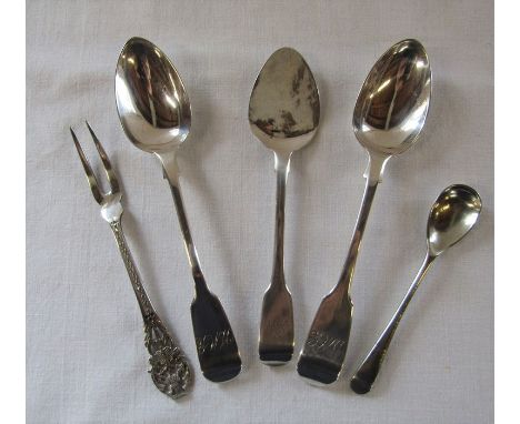 2 silver teaspoons London 1933, silver spoon London 1854, pickle fork 1929 and an Afghan silver salt spoon total weight 2.23 