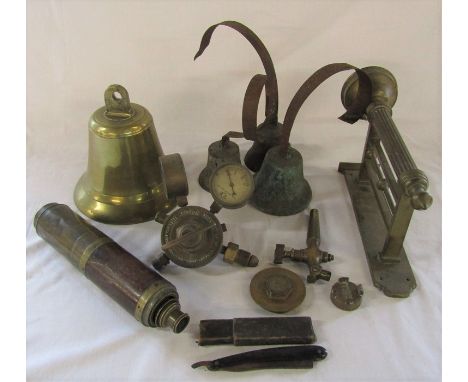 Various brassware inc British Oxygen Co Limited regulator, telescope (af), bell, light fitting etc