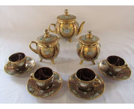 Murano style ruby glass part tea set with gilt overlay and floral decoration