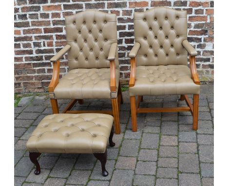 Pair of button back open arm chairs &amp; a footstool