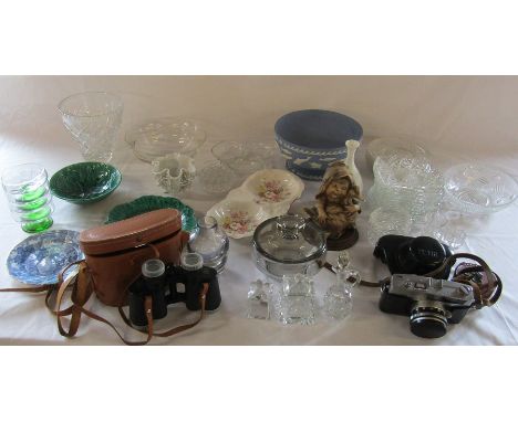 Assorted glassware and ceramics inc Wedgwood, Coalport and Danbury Mint, Eikow Air port 8 x 30 binoculars &amp; Petri 7s came