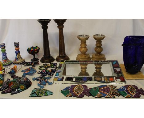 Handmade mirror, 4 wooden candlesticks, green glass face lamp, selection of Mexican pottery fish &amp; candlesticks