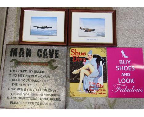 2 aviation prints, Man Cave metal sign and 2 enamel signs