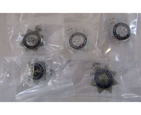 5 UK Police blue enamel cap badges (Kings crown) inc Lancashire, Staffordshire &amp; Kent