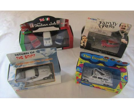 4 boxed Corgi die cast cars - The Beatles, Fawlty Towers, The return of The Saint &amp; The Italian Job