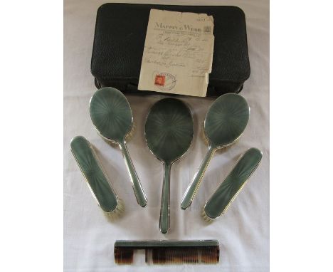 Art Deco silver and green guilloche 6 piece vanity set by Mappin &amp; Webb London 1939 in leather case complete with origina