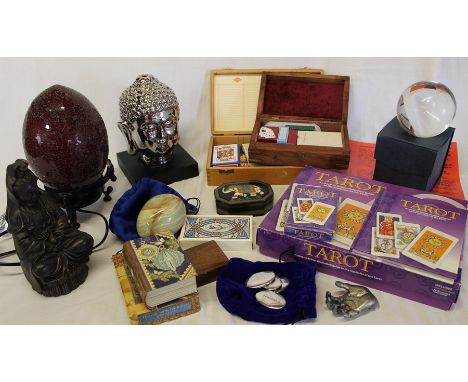 Crystal ball, Tarot cards, Angel cards, dowser, decorative boxes, lamp etc.