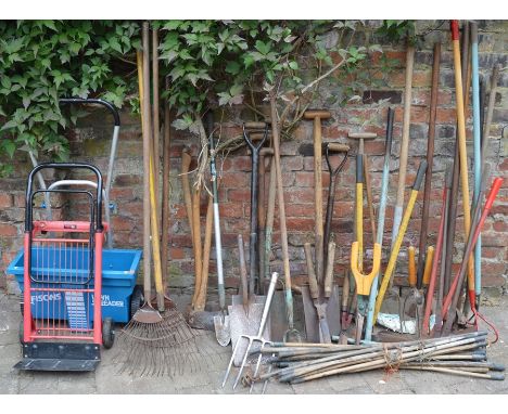 Large quantity of gardening tools, fertilizer spreader &amp; a sack barrow