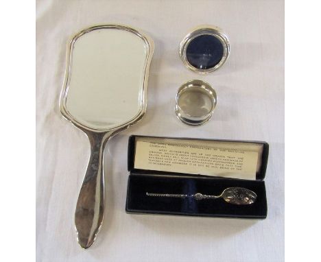 Silver backed hairbrush Birmingham hallmark (indistinguishable), small photo frame marked 925, silver napkin ring Birmingham 