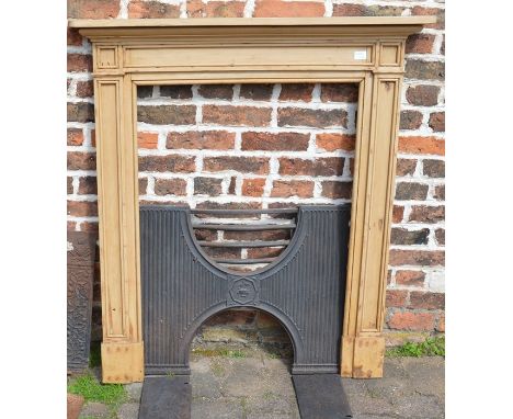 Georgian pine fire surround Ht 119 by 109cm with cast iron H grate