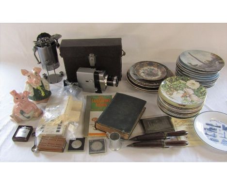 Various ceramics inc Limoges plates and Wade Natwest pigs, Ronson lighter, coins, cine camera etc