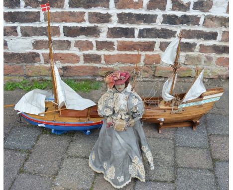 2 model ships &amp; a vintage fashion doll on stand (all AF)