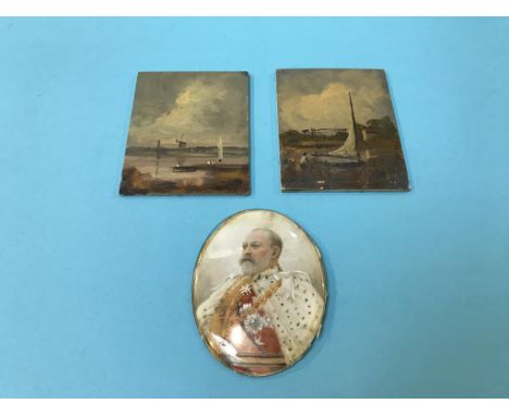 A portrait miniature of Edward VII and a pair of landscapes