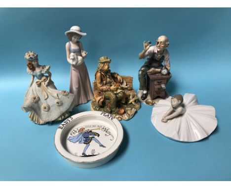 A Whieldon Ware, F. Winkle &amp; Co. Ltd 'Little Boy Blue' Baby's plate, two Nao figures etc.