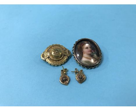 A portrait miniature, in 9ct mount and a 15ct brooch and earrings