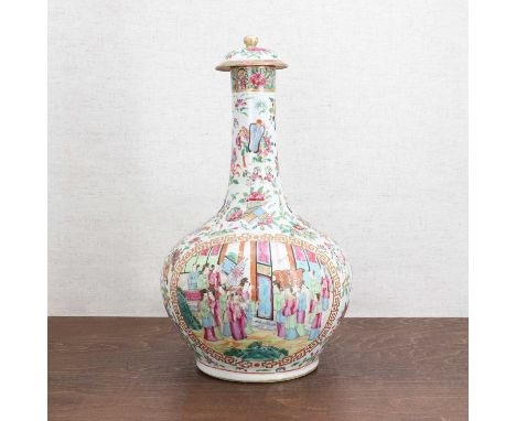 A Chinese Canton famille rose vase and cover,19th century, the compressed globular body rising from a circular foot to a stra