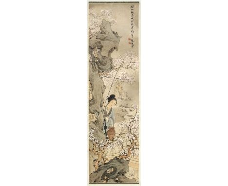 A Chinese hanging scroll,20th century, of a lady with a fishing rod and basket surrounded by blossom, ink and colour on paper
