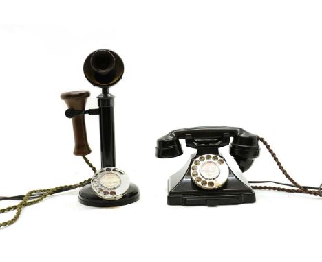A GPO black lacquered candlestick telephone, stamped No.1, with Bakelite mouth and ear piece, 32cm high;and another GPO telep