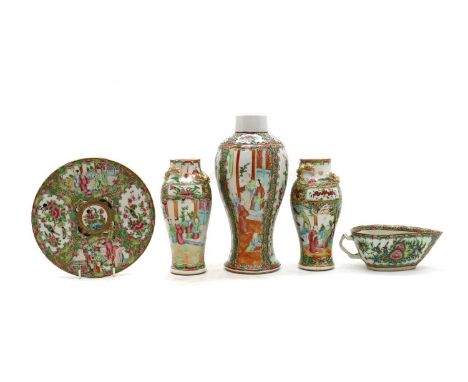 Three Chinese famille rose vases,20th century, of baluster form, decorated with figures, birds and flowers, two with chilong 