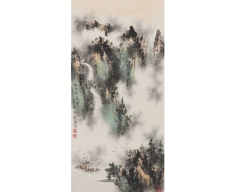 A Chinese hanging scroll,early 20th century, of an embroidery with precious objects against an apricot-coloured silk ground, 
