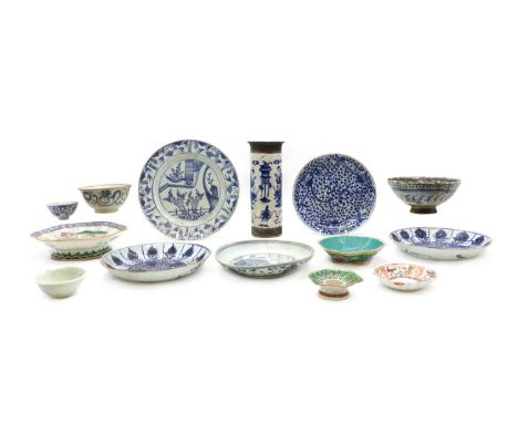 A collection of Chinese porcelain,18th-20th century, including: a blue and white cylindrical vase with iron oxide bands, seve