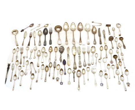 A collection of silver flatware,to include four old English pattern serving spoons, one by Thomas Watson, Newcastle 1794-1798