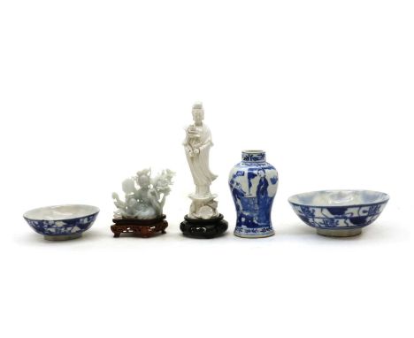 A group of Chinese porcelain,19th-20th century, comprising a blue and white baluster vase and two bowls, 11.5 to 14.8cm, anda