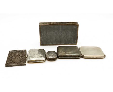 A collection of silver items, comprising three cigarette cases, including an engine turned example by John Henry Wynn, Birmin