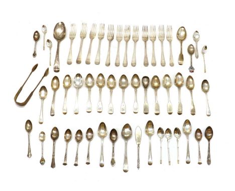 A collection of silver flatware,to include twelve Old English pattern folks, five by William Chawner II, London 1831, a colle