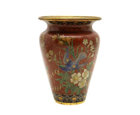 A Japanese cloisonné vase,Meiji period (1868-1912) of tapering form with an everted rim, enamelled with birds and flowers aga