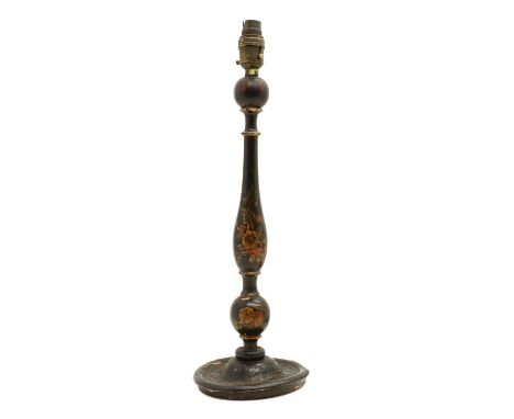 A black Japanned table lamp,c.1920, in the form of a candlestick, converted 47.5cm highCondition ReportChips and losses to la