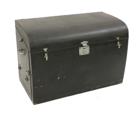A black leather car trunk,by Smith &amp; Sons, with a domed top and chrome mounts,91cm wide49cm deep62cm high