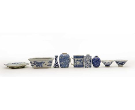 A collection of Chinese and Japanese blue and white,19th-20th century, comprising:a small planter, a plate, two stem bowls, t