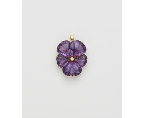 Belle Époque-Amethyst-Anhänger14 kt Gelbgold. Anhänger als Souvenir d'Amitié mit naturalistischer Stiefmütterchen-Blüte aus g