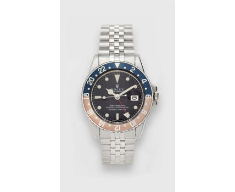 Rolex GMT Master "Long E" Ref. 1675Vintage-Herrenarmbanduhr mit Edelstahlgehäuse, Plexiglas und Datumslupe. Schwarzes "Long E